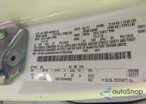 2017 Ford Escape Se из США, поврежденный, VIN 1FMCU9GDXHUD92502